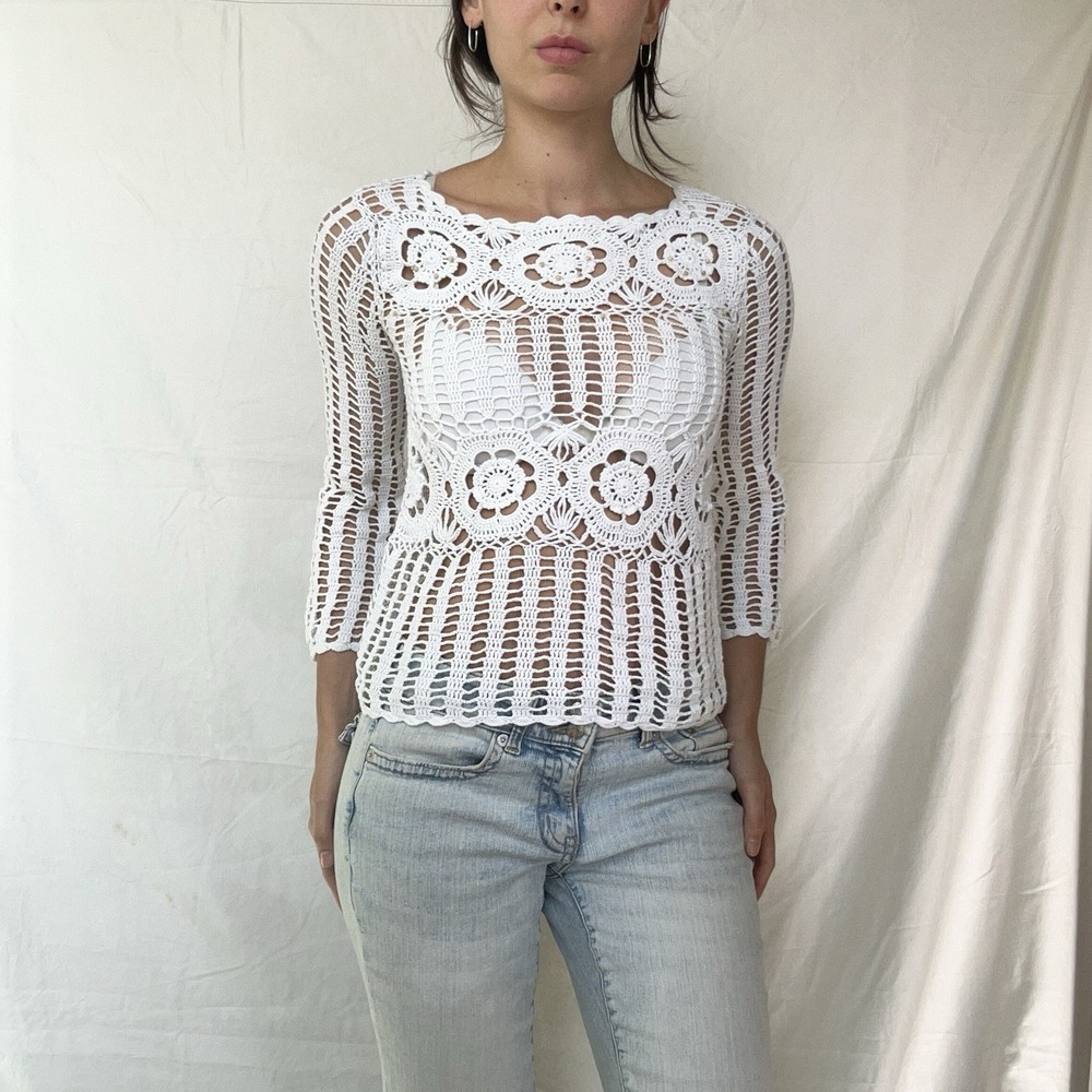 2000s White Beaded Crochet Top Y2K Boho Festival Fairy